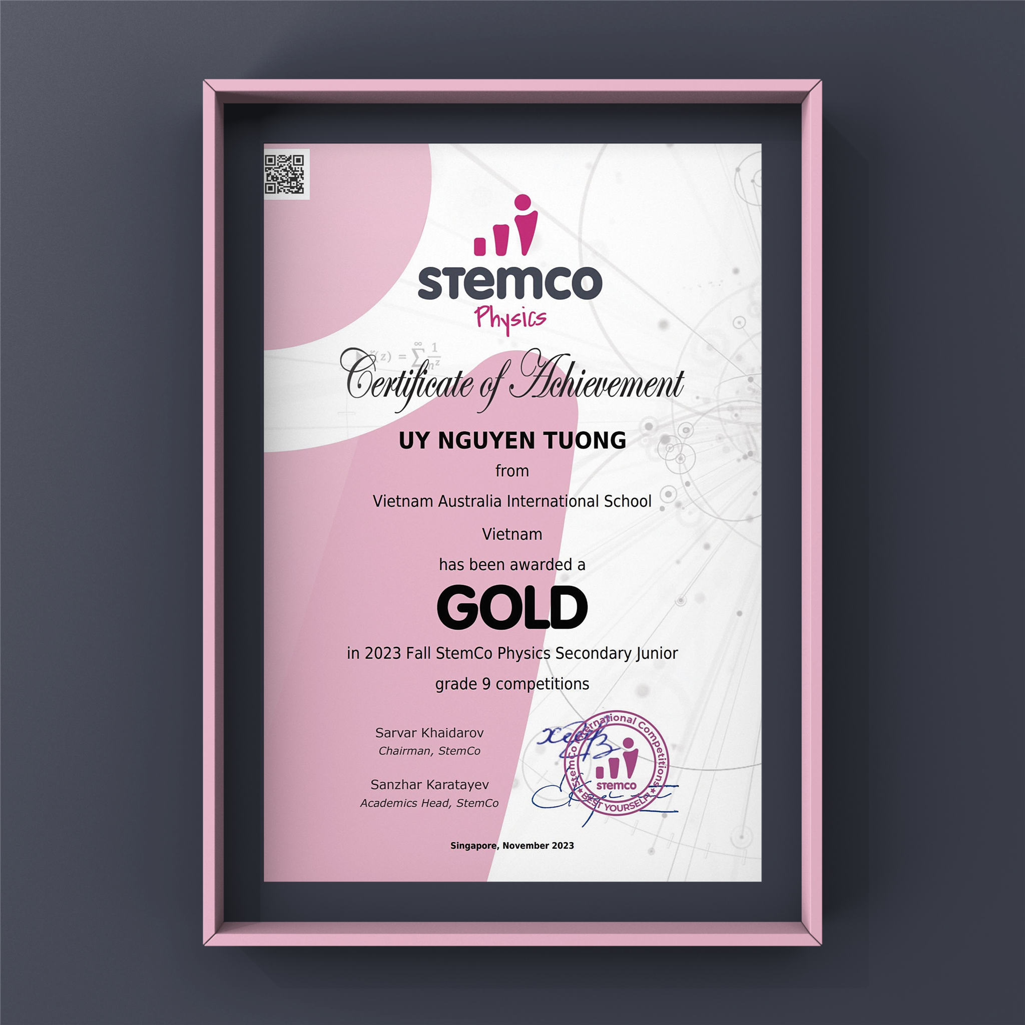 Gold Award in 2023 Fall StemCo Physics Secondary Junior Grade 9 competitions