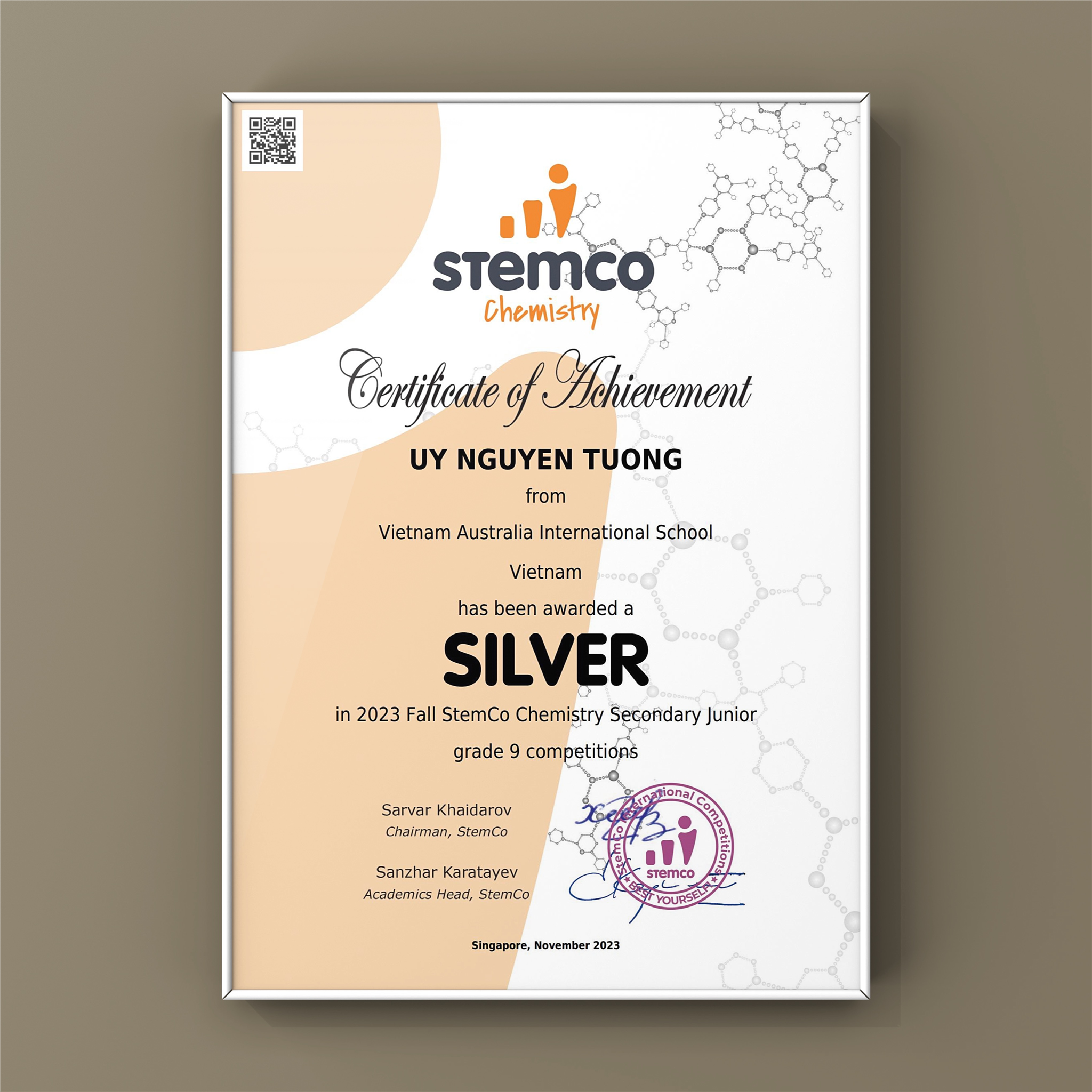 Silver Award in 2023 Fall StemCo Chemistry Secondary Junior Grade 9 competitions